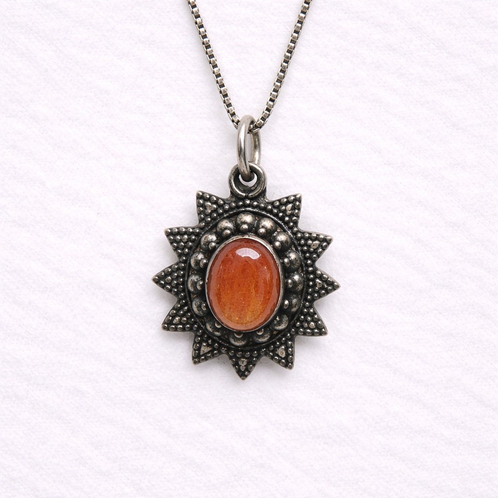 Vintage Sterling Silver Sunburst Pendant Necklace Orange Stone 925